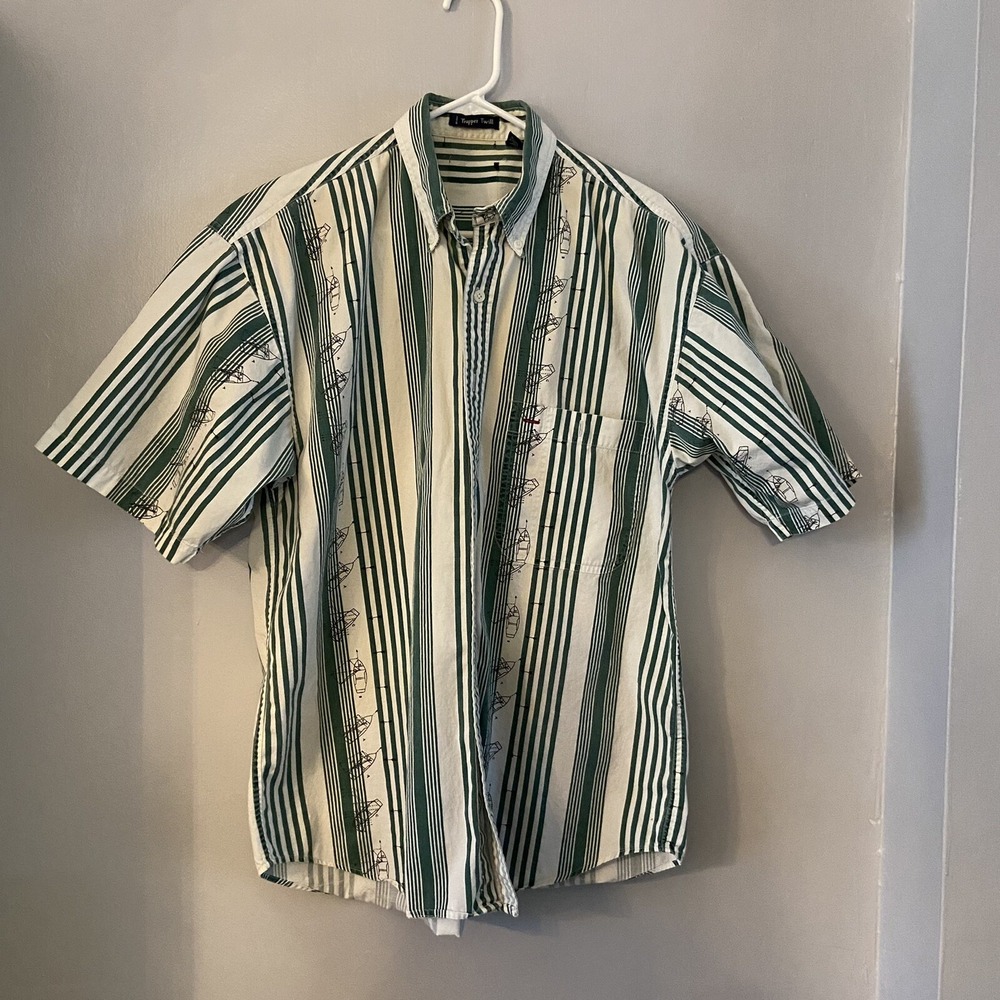 Vintage Salty Dog Trapper Twill Mens Medium Green Striped Short Sleeve Shirt M